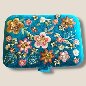 Teal Floral Embroidered Velvet Jewelry Box  Boho